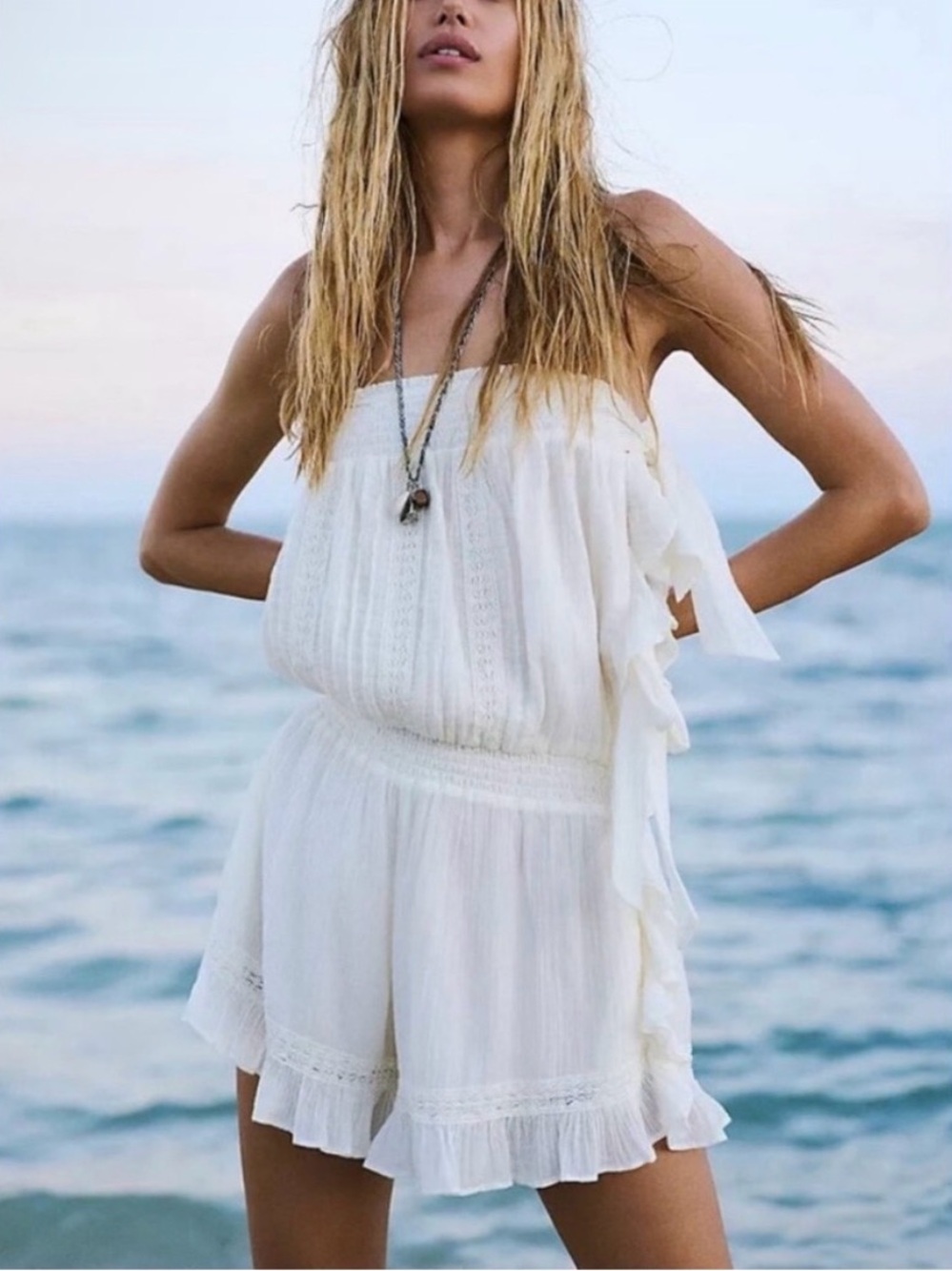 NWOT Free People Feelin’ Fancy Strapless Cotton Romper - Ivory, Large